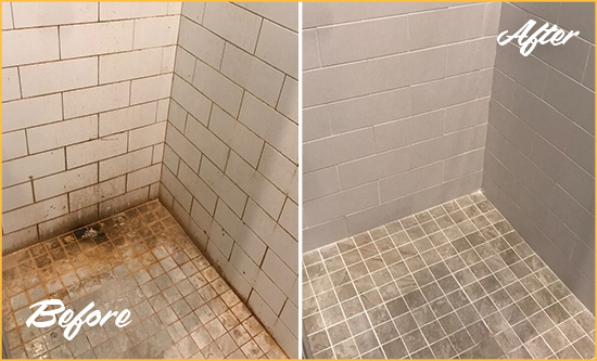 Before and After Picture of a Three Bridges Shower Tile and Grout Cleaned to Eliminate Mold and Stains