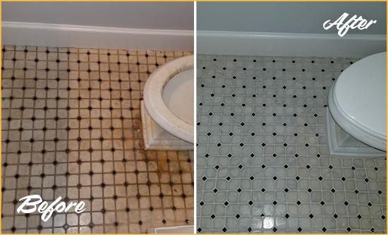 Before and After Picture of a Pluckemin Bathroom Tile and Grout Cleaned to Remove Stains