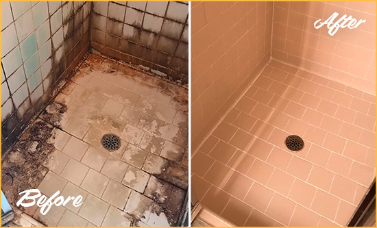 Before and After Picture of a Martinsville Shower Tile and Grout Cleaned to Repair Water Damage