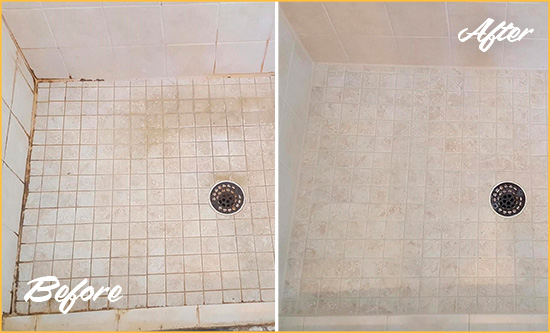 Before and After Picture of a Whitehouse Station Shower Caulked to Fix Cracks