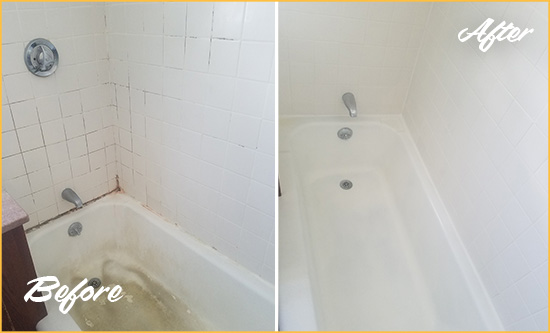 Before and After Picture of a Rosemont Bathtub Caulked to Repair Cracks