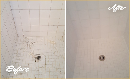 Before and After Picture of a Lebanon Bathroom Re-Caulked To Repair Damaged Caulking