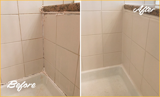 Before and After Picture of a Glen Gardner Shower Caulked to Repair Damaged Caulking