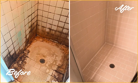 Before and After Picture of a Somerville Shower Caulked to Fix and Prevent Water Damage