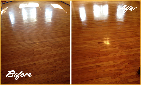 Before and After Picture of a Three Bridges Wood Sandless Refinishing Service on a Room Floor to Remove Scratches