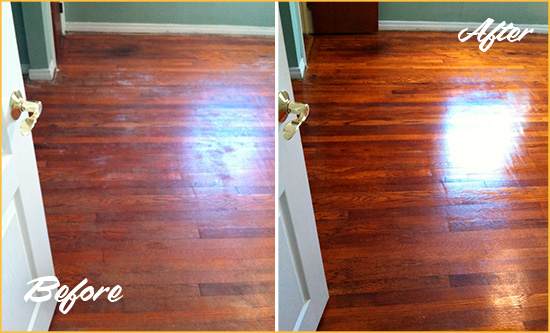 Before and After Picture of a Bedminster Wood Sandless Refinishing Service on a Dull Floor to Remove Stains