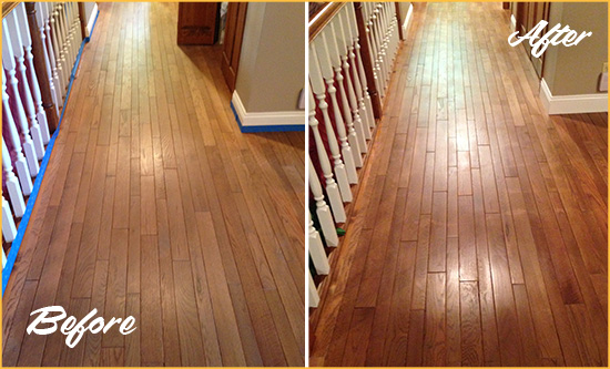 Before and After Picture of a Liberty Corner Wood Sandless Refinishing Service on a Worn Out Floor