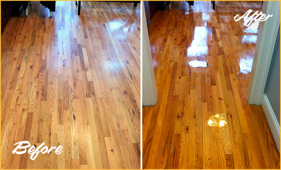 Before and After Picture of a Clinton Wood Sandless Refinishing Service on a Worn Out Hallway