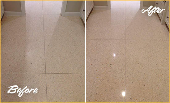 Before and After Picture of a Three Bridges Granite Stone Floor Polished to Repair Dullness