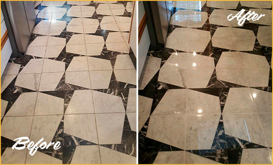 Before and After Picture of a Dull Basking Ridge Marble Stone Floor Polished To Recover Its Luster
