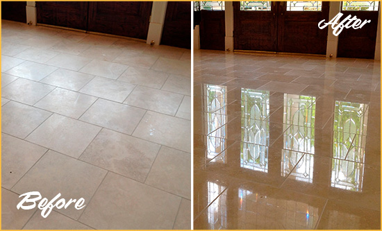 Before and After Picture of a Dull Far Hills Travertine Stone Floor Polished to Recover Its Gloss