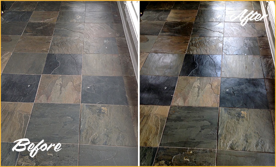 Before and After Picture of a Dull Bridgewater Slate Floor Sealed to Bring Back Its Colors