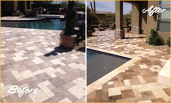 Before and After Picture of a Faded Pluckemin Travertine Pool Deck Sealed For Extra Protection