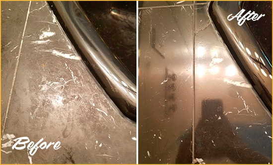 Before and After Picture of a Far Hills Marble Countertop Cleaned to Remove Deep Dirt