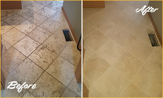Before and After Picture of a Bloomsbury Kitchen Marble Floor Cleaned to Remove Embedded Dirt