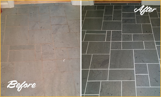 Before and After Picture of a Frenchtown Slate Floor Cleaned to Remove Deep-Seated Dirt