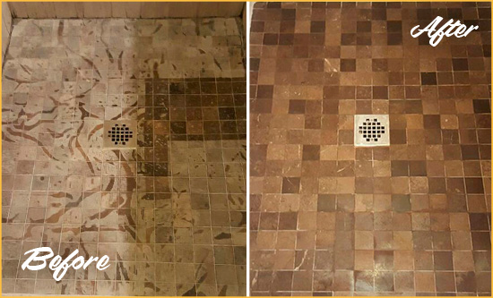 Before and After Picture of a Stained Far Hills Marble Shower Floor Cleaned to Remove Etching