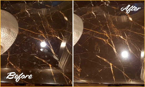 Before and After Picture of a Manville Marble Countertop Cleaned to Remove Water Spots