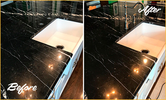 Before and After Picture of a Lyons Marble Kitchen Countertop Stone Sealed to Avoid Water Damage