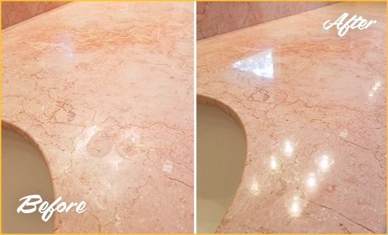 Before and After Picture of a Annandale Marble Stone Vanity Top Sealed to Avoid Water Marks
