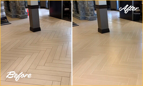 Before and After Picture of a Hunterdon Hard Surface Restoration Service on an Office Lobby Tile Floor to Remove Embedded Dirt