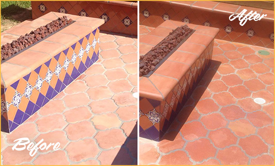 Before and After Picture of a Hunterdon Hard Surface Restoration Service on a Dull Terracotta Patio Floor to Recover Its Color