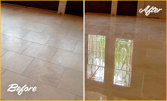 Before and After Picture of a Hunterdon Hard Surface Restoration Service on a Dull Travertine Floor Polished to Recover Its Splendor
