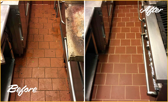 Before and After Picture of a Hunterdon Hard Surface Restoration Service on a Restaurant Kitchen Floor to Eliminate Soil and Grease Build-Up