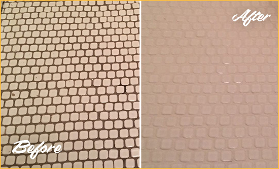 Before and After Picture of a Hunterdon Hard Surface Restoration Service on a Bathroom Tile Floor Recolored to Fix Grout Color