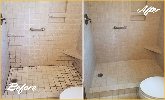 Before and After Picture of a Three Bridges Shower Grout Cleaned to Remove Mold