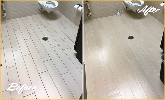 Before and After Picture of a Frenchtown Office Restroom's Grout Cleaned to Remove Dirt