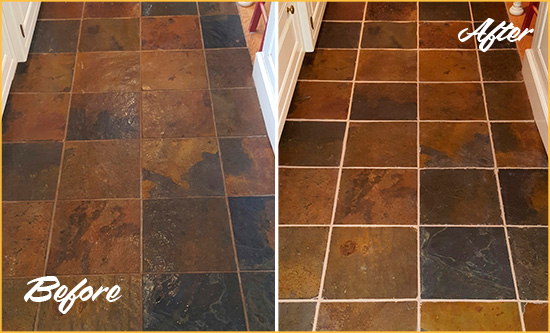 Before and After Picture of Baptistown Slate Floor Grout Cleaned to Remove Dirt