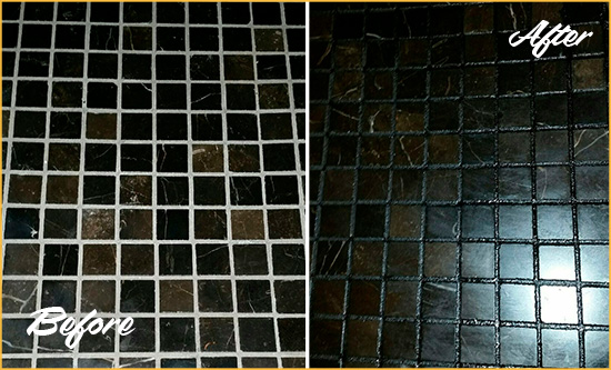 Before and After Picture of a Baptistown Black Floor with Recolored Grout