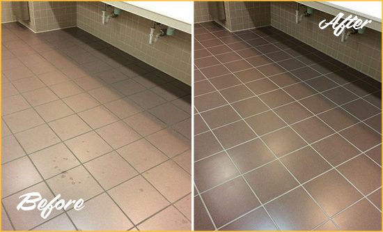 Before and After Picture of Dirty Hampton Office Restroom with Sealed Grout