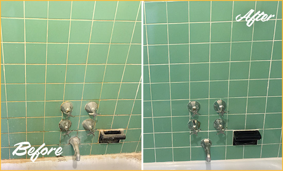Before and After Picture of a Peapack Bath Tub Grout Sealed to Avoid Water Damage