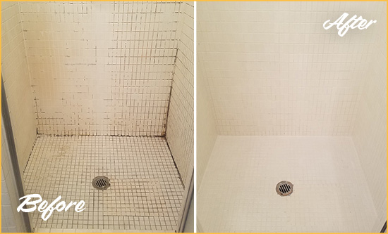 Before and After Picture of a Skillman Bathroom Grout Sealed to Remove Mold
