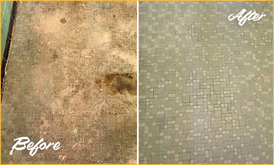 Before and After Picture of a Pluckemin Mosaic Shower Cleaned to Eliminate Embedded Dirt