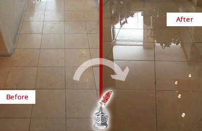Sir Grout Polishes this Dull Marble Floor to a Glossy Shine Before and After Picture of a Dull Marble Floor Polished to a Glossy Shine
