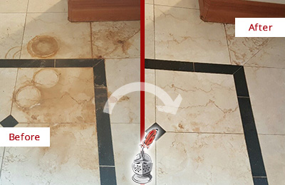 Sir Grout Removes Rust Stains From This Marble Floor Before and After Picture of Marble Floor with Rust Stains