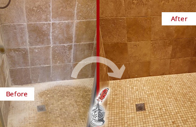 Sir Grout Removes Soap Scum From This Travertine Shower Before and After Picture of a Travertine Shower with Soap Scum