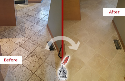 Sir Grout Cleans These Dirty Tumbled Marble Floors Before and After Picture of a Dirty Tumbled Marble Floor with Stains