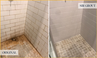 Before and After Picture of a Shower with Water Damage