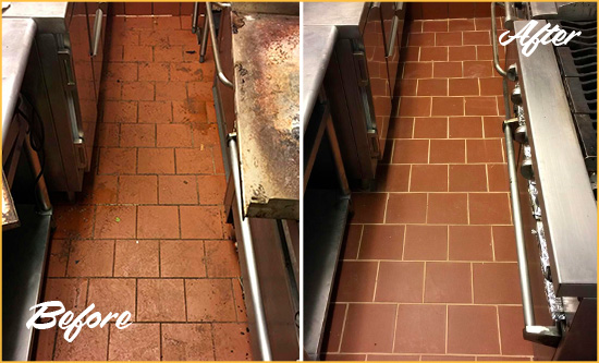 Before and After Picture of a Quakertown Restaurant Kitchen Tile and Grout Cleaned to Eliminate Dirt and Grease Build-Up