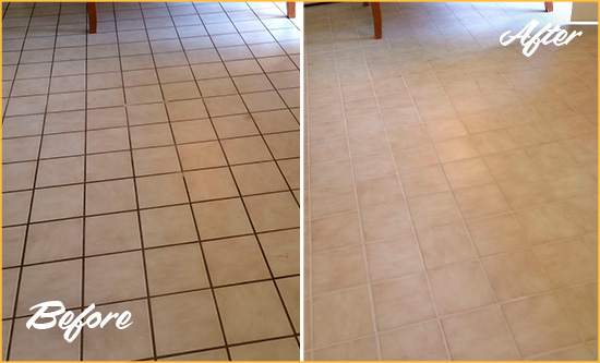 Before and After Picture of a Somerville Kitchen Tile and Grout Cleaned to Remove Embedded Dirt