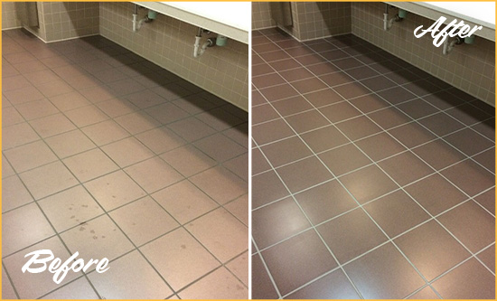 Before and After Picture of a Quakertown Restrooms Tile and Grout Cleaned to Remove Embedded Dirt