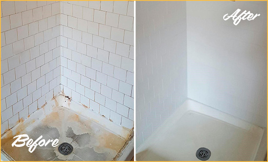 Before and After Picture of a Dunellen Shower Tile and Grout Cleaned to Remove Soap Scum