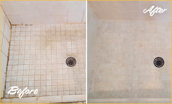 Before and After Picture of a Three Bridges Shower Caulked to Fix Cracks
