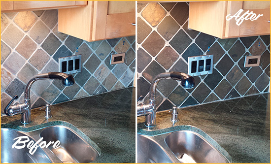 Before and After Picture of a Blawenburg Backsplash Caulked to Fix and Prevent Water Leaks