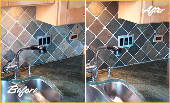 Before and After Picture of a Three Bridges Backsplash Caulked to Fix and Prevent Water Leaks