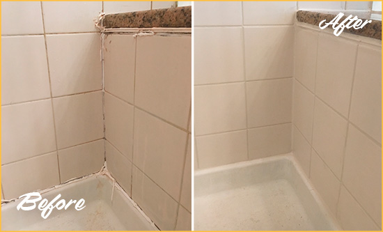 Before and After Picture of a Three Bridges Shower Caulked to Repair Damaged Caulking